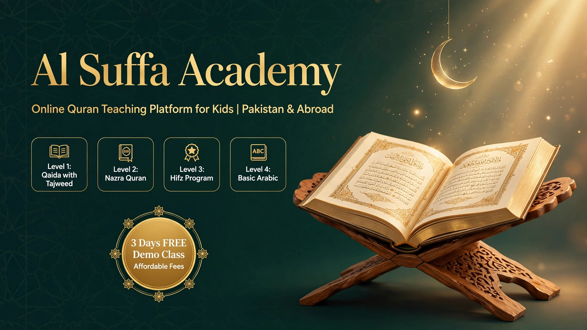 Al Suffa Academy online Quran teaching banner with four learning levels, free demo classes and class schedule